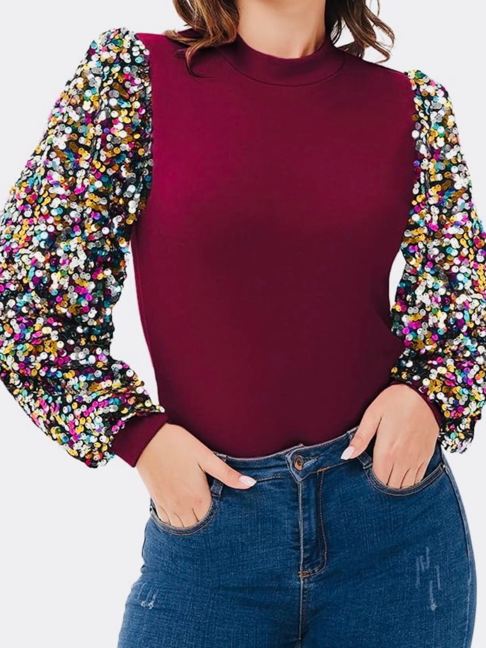 🌺Sequin Sleeve Burgundy Women's Top